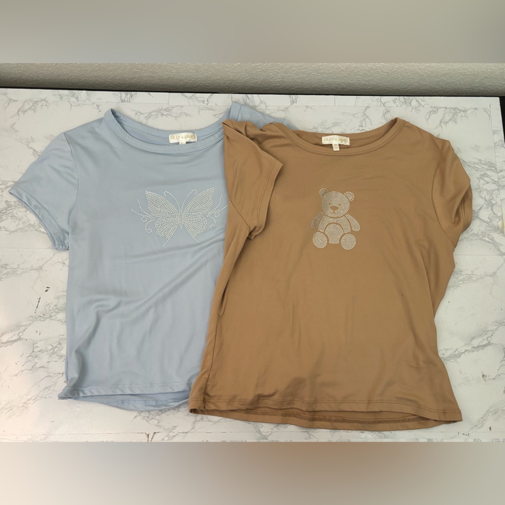 Riley & James Womens Tops Size L/XL Lot Of 2 Butterfly Bear Brown Blue Jewels